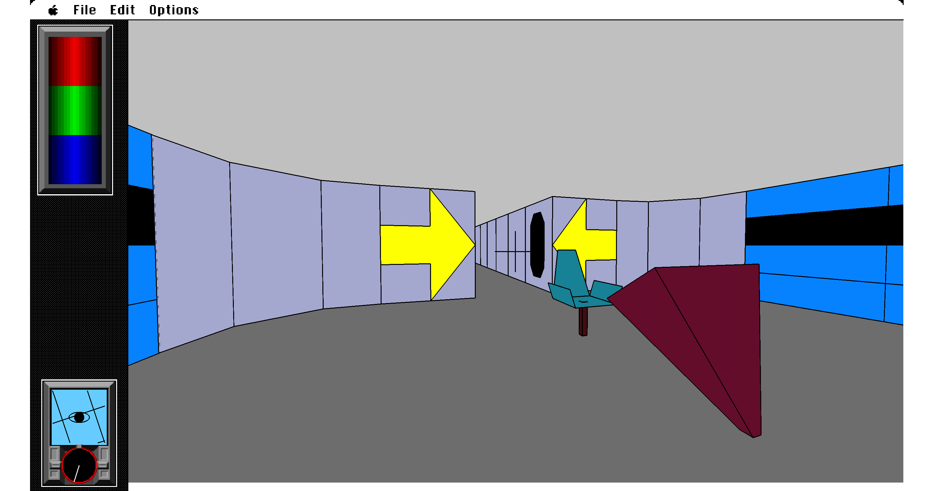 The Colony running in ScummVM: a color Macintosh first-person corridor with directional arrows